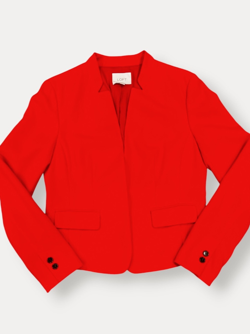 LOFT Red/Orange Open Front Blazer Notched Collar Flap Pockets Size 8